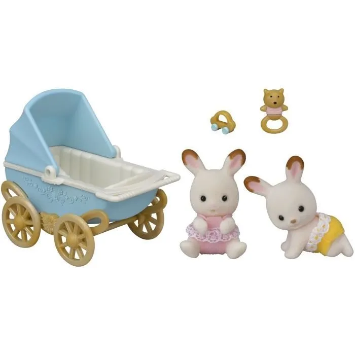Figurines miniatures - SYLVANIAN FAMILIES - Les jumeaux Lapin Chocolat et leur poussette double-1