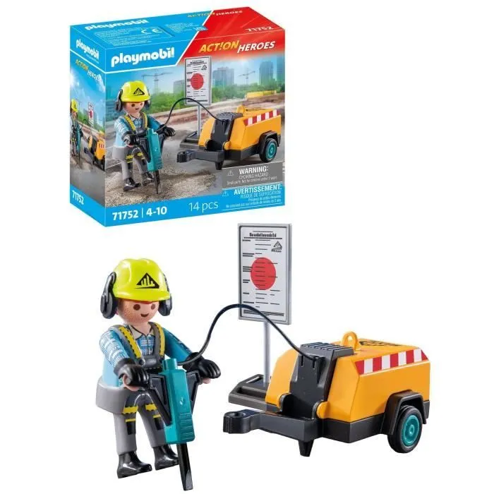 PLAYMOBIL 71752 Ouvrier marteau-piqueur et signalisation, Action Heroes, La construction, 14 pièces, Dès 4 ans-3