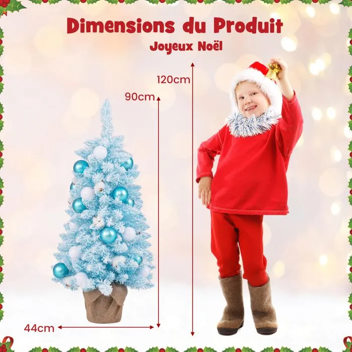 COSTWAY Mini Sapin de Noël Artificiel Pré-décoré 90 cm, 12 Boules de Coton Naturel, 24 Boules Décoratives, Base en Ciment, Bleu-3