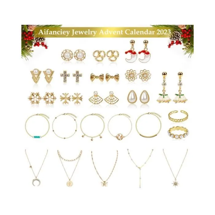 Calendrier de l'Avent Bijoux - Marque - Modèle - Collier Boucles d'oreilles Bracelet Anneaux - Blanc-1