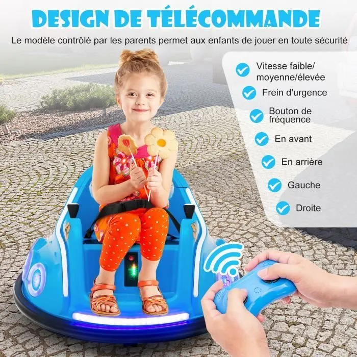 COSTWAY 12V Auto Tamponneuse Electrique 360° pour Enfants, Télécommande 2.4G, avec Lumières Clignotantes & Musique, 3-8 Ans, Bleu-3