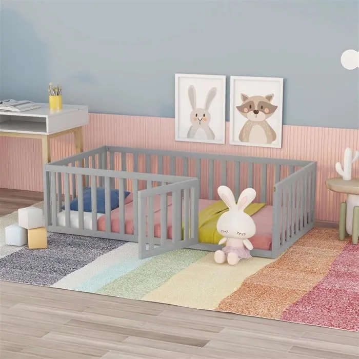 Lit d'enfant - Non spécifié - 90 x 200 cm - Bois massif - Gris - Barrière avec porte-0