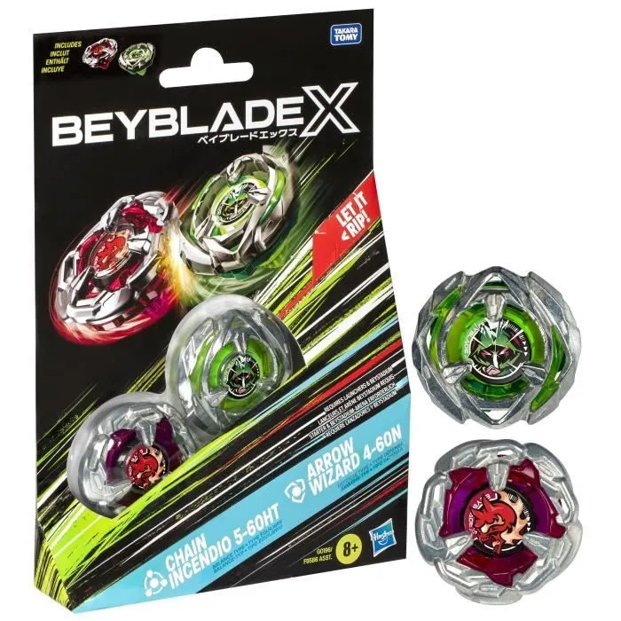 Beyblade X Dual Chain Incendio 5-60HT et Arrow Wizard 4-60N, Pack de toupies détachables, Dès 8 ans-0