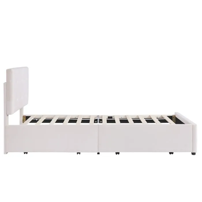 Lit 90x200cm, lit d'enfant et d'adolescent, avec 2 tiroirs, sommier à lattes, tête de lit, pas matelas, tissu velours beige-4