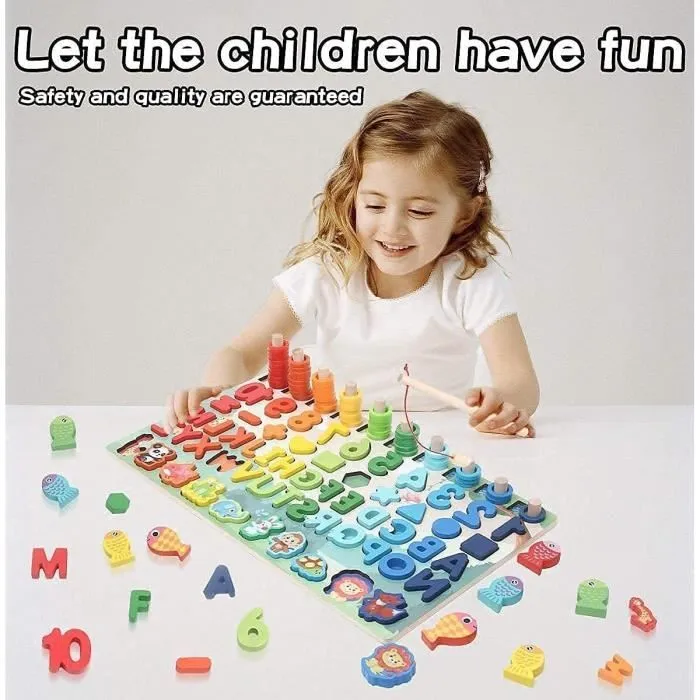Jouet Puzzle en Bois 6 en 1,Jeu éducatif Enfants 3 à 6 Ans Apprendre Les Lettres Les Formes et Les Mathématiques Compter Les Nombres-3