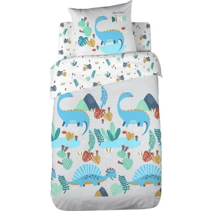 Parure de lit - COTE DECO KIDS - Dinosaure - 100% coton BIO - Housse 140x200 cm - Taie 63x63 cm-0