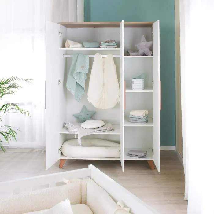 Armoire Bébé 3 Portes ROBA - Ole - Armoire de Rangement à 6 Compartiments et Penderie - Style Scandinave - Blanc Mat - Décor Chêne-1