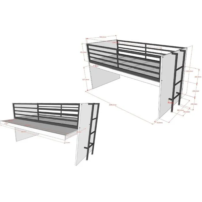 Lit mi-haut - Vipack - SAHS8514 - 90x200 cm - Blanc - Contemporain - Bureau coulissant-1