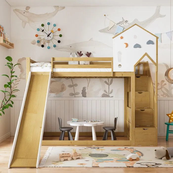 Lits hauts, lits superposés avec trois échelles droites, lits pour enfants, lits pour jeunes avec toboggans, 90x200 cm-0