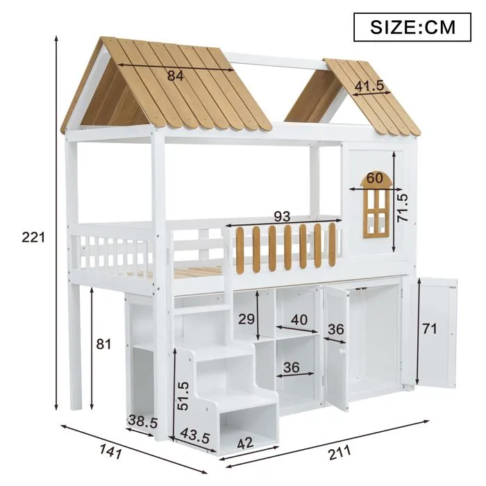 Lit mezzanine 90x200 cm - en bois de pin - avec étagères, armoire et escalier de rangement - Blanc & Naturel-4