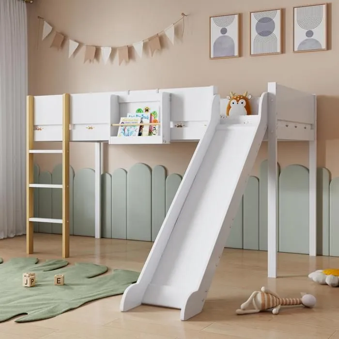 Lit mezzanine 90x200 cm avec une étagères amovible - avec échelle et toboggan - en bois de pin et MDF - Blanc-1