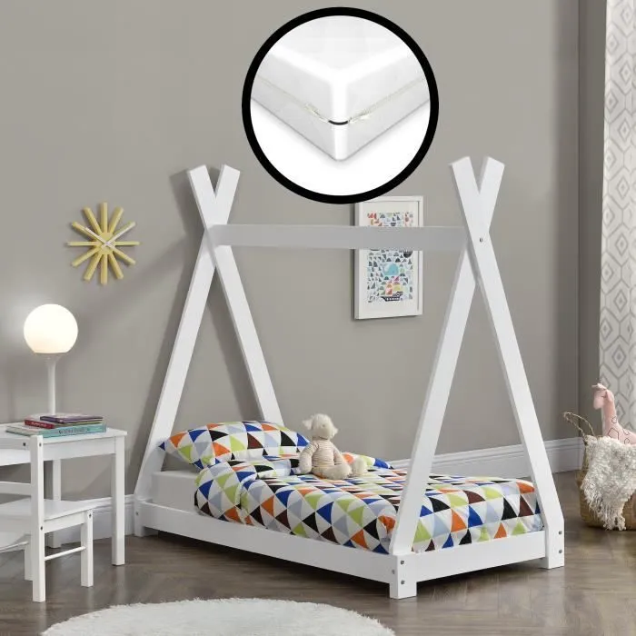 Lit Tipi pour Enfants avec Matelas Orthopédique Onejda Blanc 70 x 140 cm [en.casa]-1