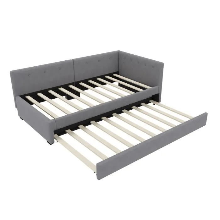 Lit gigogne - Velours - 90x200cm + 90x190cm - 2/3 places - Sommier à lattes - Gris-2