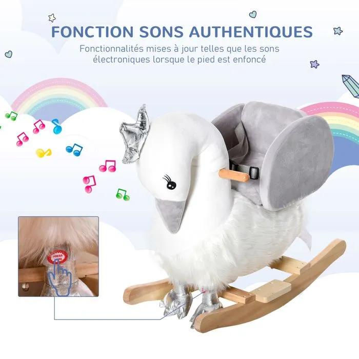 Cheval à bascule modèle cygne fonction musicale selle grand confort peluche courte douce bois peuplier blanc et gris dim. 60L x 33l-4