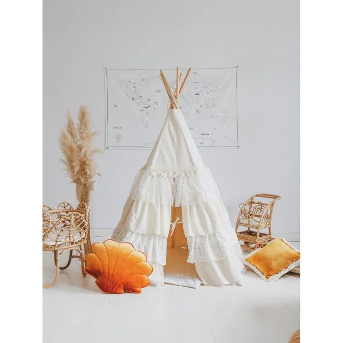 Tipi enfant Moi Mili Shabby Chic - Tissu 100% coton et tiges de pin - Blanc - 120x170cm-1