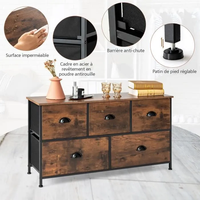 COSTWAY Commode en Tissu avec 5 tiroirs Non Tissés, 100 x 30 x 54 cm Meuble de Rangement, Cadre en Métal, Placards, Salon, Chambre-1