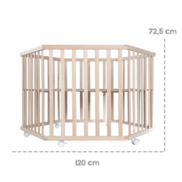 ROBA Parc Bébé Hexagonal en Bois Liebhabear + Tapis de Parc et Roues Avec Freins - Base Ajustable en Hauteur - Naturel-2