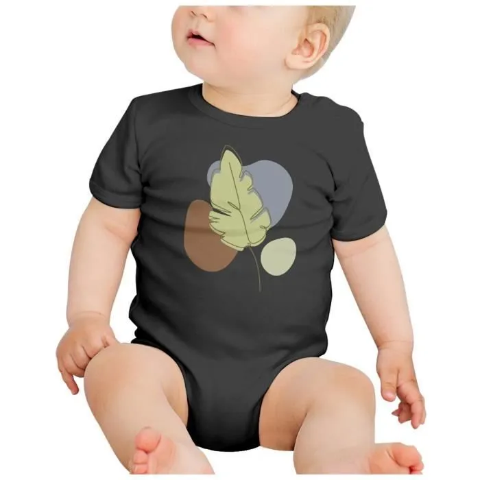Body Bébé Manche Courte Noir Feuille Tropicale Line Art Tropical Exotique Jungle Minimaliste-1