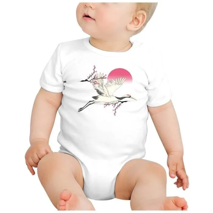 Body Bébé Manche Courte Blanc Grue du Japon Oiseau Asie Faune Sakura-1