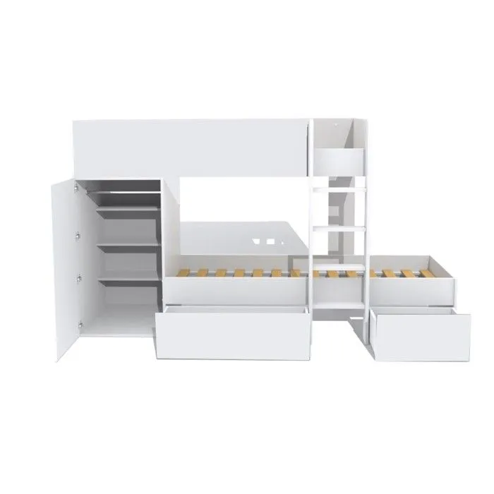 Lit superposé TWIN 90x190 avec armoire et tiroirs + 2 sommiers / Blanc-1